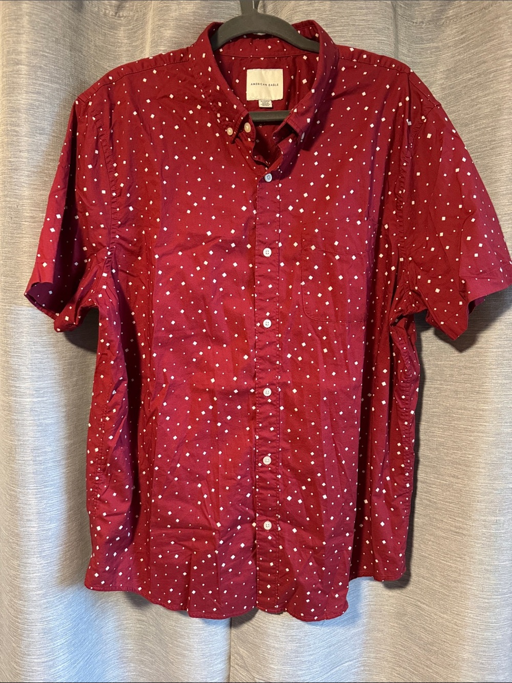American Eagle Burgundy Short-Sleeve Button-Down with White Square Print